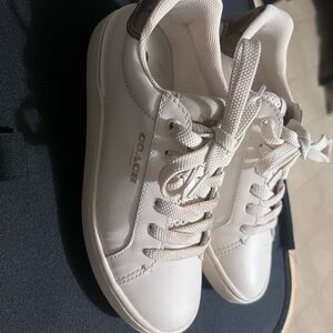 Coach Off-White Leather Sneakers with Tan Heel Accent